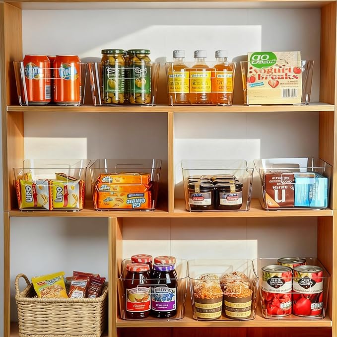 Hudgan 12 Pack Pantry Storage Bins for Kitchen Cabinet, Clear Plastic Organizer Bins for Bathroom, Pantry Organizer Containers for Home Edit, Drawer, Under Sink, Fridge