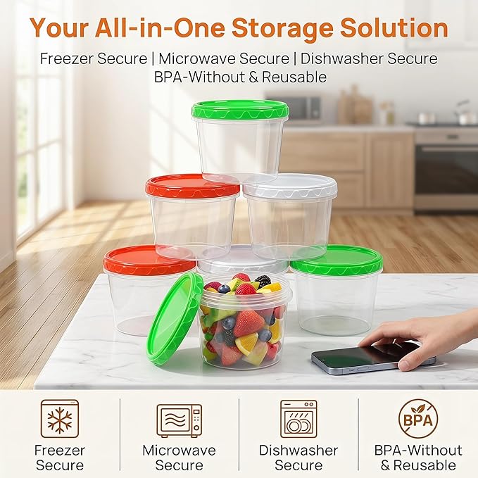 EONJOE 32oz Plastic Containers with Lids,Reusable Freezer Meal Prep Food Leftover Storage Jars Bowls Stackable,12-pack