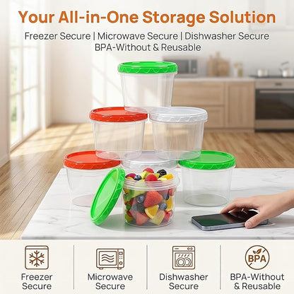 EONJOE 32oz Plastic Containers with Lids,Reusable Freezer Meal Prep Food Leftover Storage Jars Bowls Stackable,12-pack