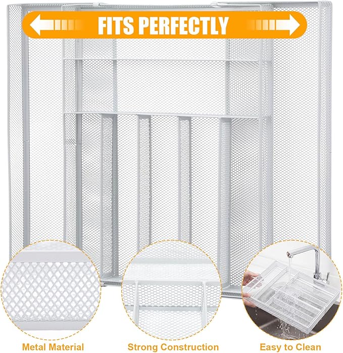 1 Pcs Utensil Drawer Silverware Organizer, Metal Mesh Expandable 13" 24" Kitchen Drawer Organizer, 7-9 Slots Cutlery Tray Dividers for Kitchen Flatware Christmas Housewarming Gift (White)