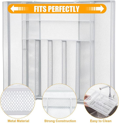 1 Pcs Utensil Drawer Silverware Organizer, Metal Mesh Expandable 13" 24" Kitchen Drawer Organizer, 7-9 Slots Cutlery Tray Dividers for Kitchen Flatware Christmas Housewarming Gift (White)