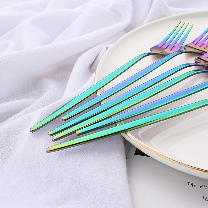 24 Piece Hanging Flatware Set, Stainless Steel Family Kitchen Utensil Set with Rack, Cutlery set for 6 with Holder, Silverware Sets with Holder, Hanging flatware set, Mirror Finish(Rainbow)