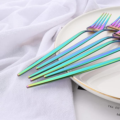 24 Piece Hanging Flatware Set, Stainless Steel Family Kitchen Utensil Set with Rack, Cutlery set for 6 with Holder, Silverware Sets with Holder, Hanging flatware set, Mirror Finish(Rainbow)