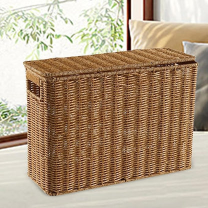 Nesting Rectangle Wicker Basket with Lid, Narrow and Tall Storage Box, Lightweight Decorative Storage Bin with Handle, Hand-Woven Magazine Holder for Bedroom Study Small Corner, L