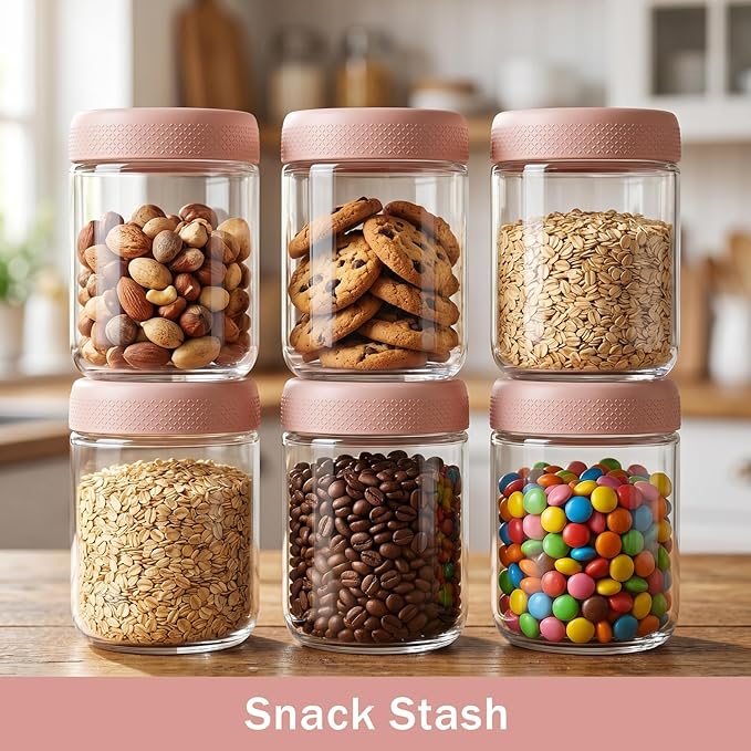 OcePor 6 Pack Overnight Oats Containers with Lids, 16 OZ Glass Mason Overnight Oats Jars, Large Capacity Airtight Jars for Milk, Cereal, Fruit(Pink)