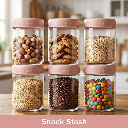 OcePor 6 Pack Overnight Oats Containers with Lids, 16 OZ Glass Mason Overnight Oats Jars, Large Capacity Airtight Jars for Milk, Cereal, Fruit(Pink)