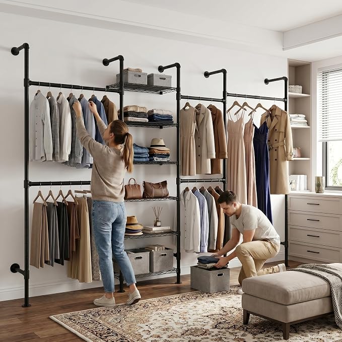 F4 Wall Mounted Closet System, Industrial Pipe Clothing Rack for Hanging Clothes, Heavy Duty Closet Organizer System, Clothes Racks with Shelves & Expandable Rod for Wardrobe, Corner, Black