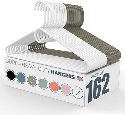 Super Heavy Duty Clothes Hangers 100+ Pack (162 Count) – Made in the USA - 10lb Capacity, Thick Plastic Hangers for Pants, Coats, Jackets, Jeans and Adult Clothing – White & Gray