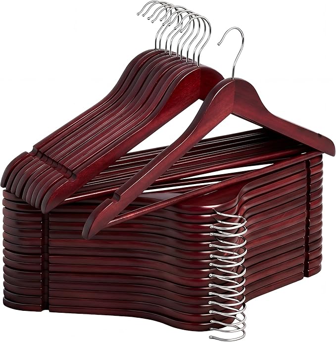 StorageWorks Wooden Hangers 30 Pack, Wood Coat Hangers for Closet, Heavy Duty Clothes Hangers for Suits, Shirts, Pants, Jackets, Dark Cherry Color