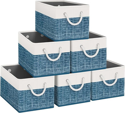 Fab totes Storage Bins 6-Pack, Foldable Storage Baskets for Organizing Toys, Books, Shelves, Closet, Large Storage Box with Rope Handles, Sturdy Organizer Bins, White & Blue