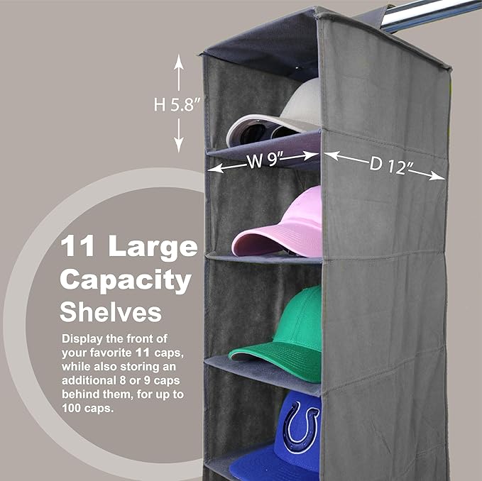 Perfect Curve 11-Pocket Hanging Baseball Hat Organizer - Gray Hat Storage Rack for Closet, Holds Up to 100 Caps. Also store shoes or sneakers or towels. Multiple uses.