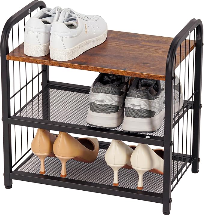 Narrow Shoe Rack for Small Spaces, 3-Tier Compact Shoe Organizer for Closet, Entryway, Small Apartment, Space Saving Metal & Wood Shoe Storage Shelf