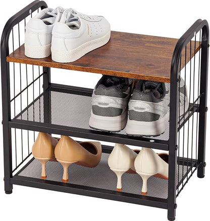 Narrow Shoe Rack for Small Spaces, 3-Tier Compact Shoe Organizer for Closet, Entryway, Small Apartment, Space Saving Metal & Wood Shoe Storage Shelf