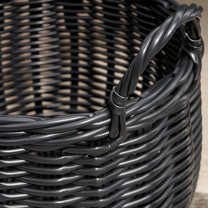 Isidore Round Resin Woven Basket with Handles | Multi-Purpose Organizer for Halloween & Thanksgiving Storage, Laundry, and More (13" x 13" x 10.2" - Black)
