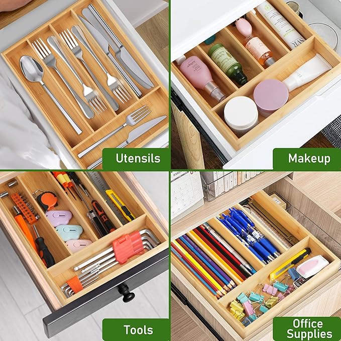 LotFancy Bamboo Kitchen Drawer Organizer, 9.5 Inch Silverware Organizer for Small Drawer, Silverware Tray, Utensil Organizer for Cutlery, Fork, Spoon Storage