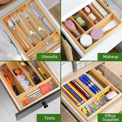 LotFancy Bamboo Kitchen Drawer Organizer, 9.5 Inch Silverware Organizer for Small Drawer, Silverware Tray, Utensil Organizer for Cutlery, Fork, Spoon Storage
