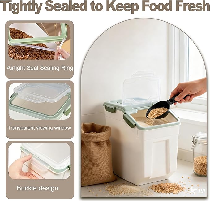 RUIAN Large Airtight Storage Container,25lb Flour Rice Storage Containers Bin with Wheels Seal Locking Lid, with Measuring Cup&Scoop for Flour, Rice, Grain100LBS Total(Green, 4PCS)