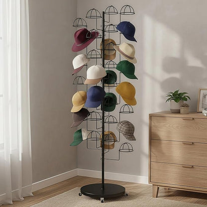Metal Hats Display Rack with 30 Adjustable Hooks Floor Hat Rack Stand Hat Rack Display for Home Retail Store Hat Organizer Rack for Wig Cap(Black)