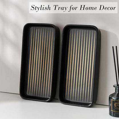 Bathroom Vanity Tray for Countertop,2PC Rectangle Striped Tray,Decorative Bathroom Organizer for Scrubber, Lotion Bottles, Perfume, Jewelry, Candle, Key Trinket Ring(Small,Black)