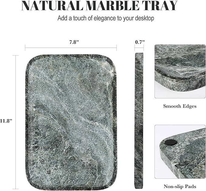Koville Marble Tray, 12"x8" Natural Marble Vanity Tray for Countertop Bathroom Kitchen Dresser, Marble Catchall Trays for Perfume Jewelry, Decorative Rectangular Tray Home Decor(Green)