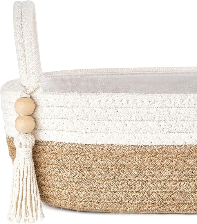 Mkono Small Storage Basket for Toilet Tank Top Boho Bathroom Decor Woven Rope Toilet Paper Tray Organizer for Shelf Bedroom Living Room, Brown and White, 1 Pack, 15.7" L x 6" W