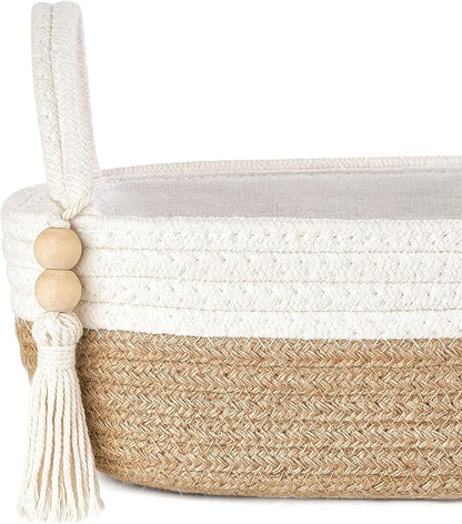 Mkono Small Storage Basket for Toilet Tank Top Boho Bathroom Decor Woven Rope Toilet Paper Tray Organizer for Shelf Bedroom Living Room, Brown and White, 1 Pack, 15.7" L x 6" W