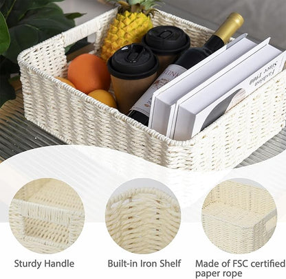 Drawer basket Handwoven Paper Rope Rectangular Shallow Basket Storage-15.35X12.01X4.72 Inches (Off-white)