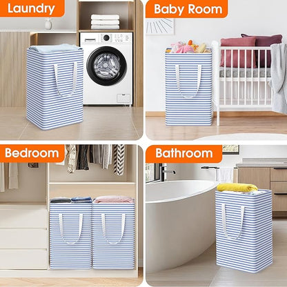3 Pack Large Laundry Basket,Waterproof & Freestanding Laundry Hamper,Collapsible Clothes Hampers with Easy Carry Long & Reinforced Handles in Bathroom,College Dorm(75Lx3,Blue)