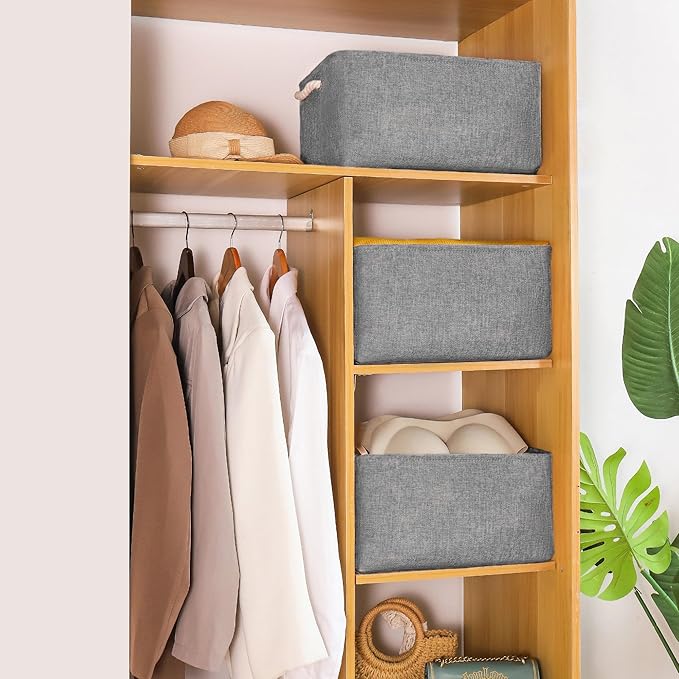 Storage Bins with Sturdy Cotton Handles(1 Pack), Fabric Storage Baskets for Organizing use for Office & Home, Book, Clothes, Toys, Closet Boxes (Large, Grey, 15.7x11.8x7.9 inches)