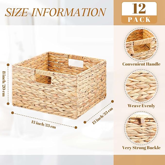 Jinei 12 Pcs Wicker Storage Basket Bulk 13 x 13 x 8 Inch Handwoven Water Hyacinth Cube Bin with Handles Woven Laundry for Organizer Shelves Wood Color