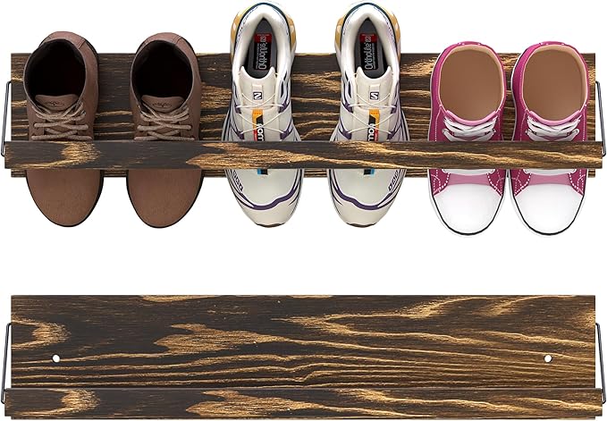 Nisorpa 2 Pcs Wall Mounted Shoe Rack Rustic Burnt Wood, Wall Hanging Shoe Rack Mounted, Shoes Storage Organizer Footwear Holder for Entryways Closet Mudroom Hallways, 30 Inch, Holds 3 Pairs