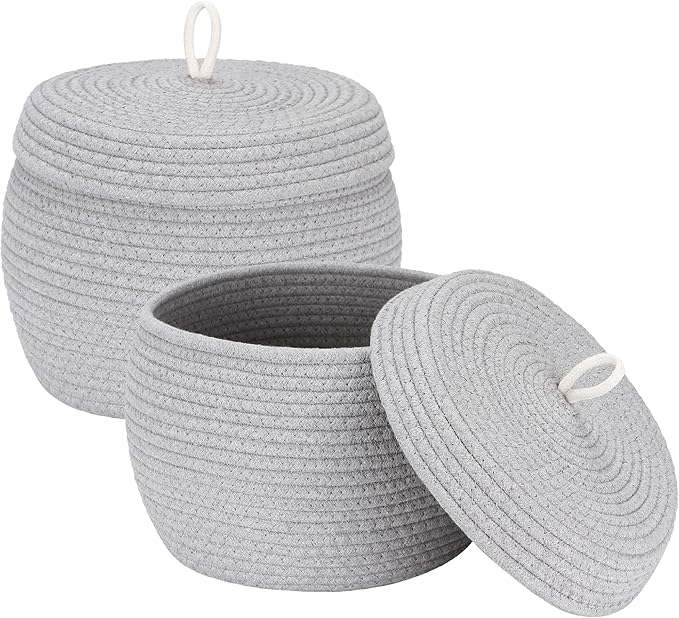 Sea Team Round Cotton Rope Storage Basket with Lid, Decorative Woven Storage Bin, Pot, Caddy, Organizer, Container for Snacks, Towels, Plants (Grey, Small/2-Pack)