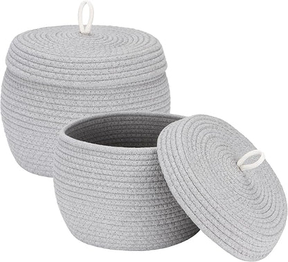 Sea Team Round Cotton Rope Storage Basket with Lid, Decorative Woven Storage Bin, Pot, Caddy, Organizer, Container for Snacks, Towels, Plants (Grey, Small/2-Pack)