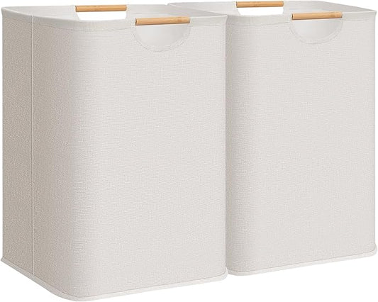 STORAGE MANIAC 2-Pack Large Laundry Hamper, 100L (26.4 Gal) Collapsible Laundry Basket with Bamboo Handles, Freestanding Waterproof Clothes Hamper for Laundry Room, Bedroom, Dorm, Towels, Toys, White