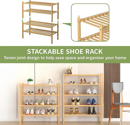 ROMGUAR CRAFT 5 Tier Bamboo Shoe Rack for Closet Free Standing Wood Shoe Shelf for Entryway Small Space Stackable 27"x11"x33" (Natural)