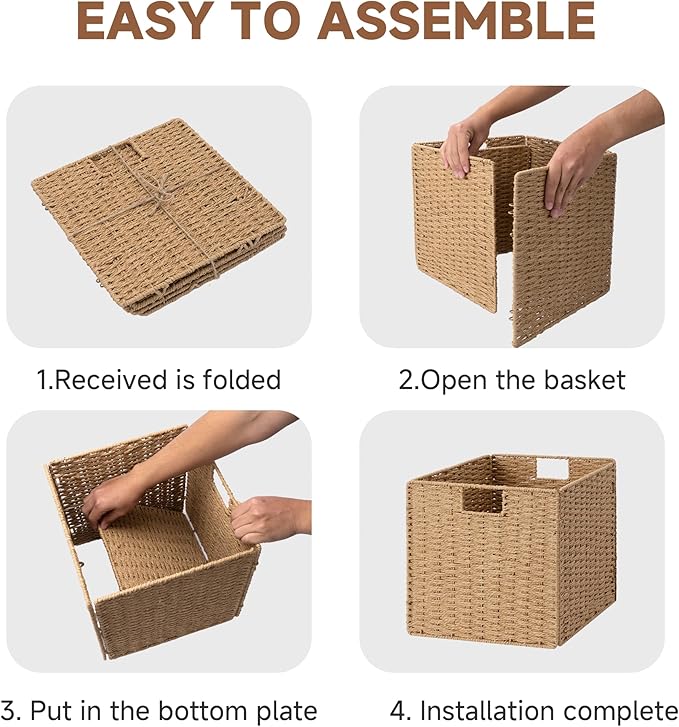 StorageWorks 13 inch Wicker Storage Baskets, Foldable Handwoven Wicker Basket for Organizing, Natural Paper Rope Square Storage Cubes, 2 Pack