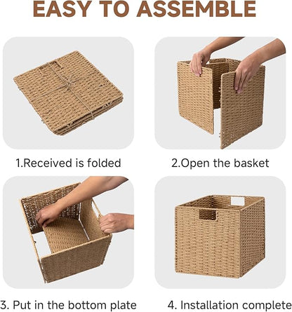 StorageWorks 13 inch Wicker Storage Baskets, Foldable Handwoven Wicker Basket for Organizing, Natural Paper Rope Square Storage Cubes, 2 Pack