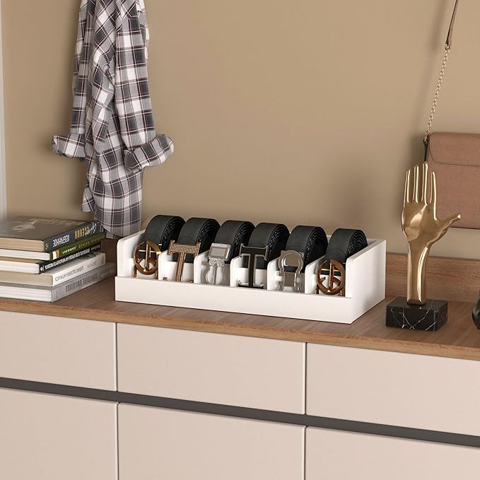 Belt Organizer for Drawer - Bamboo Belt Storage Organizer | Belt Rack for Closet Wall Mount Men Women Tie Sock Bra Scarf Ribbon(White, 6 Grids)