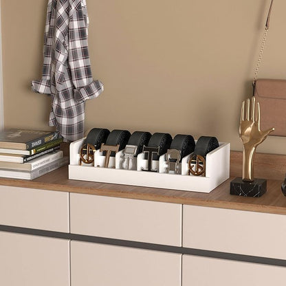 Belt Organizer for Drawer - Bamboo Belt Storage Organizer | Belt Rack for Closet Wall Mount Men Women Tie Sock Bra Scarf Ribbon(White, 6 Grids)