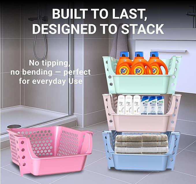 TidyFriend 4 Pack Stackable Storage Bins Open Front for Pantry Organizers and Storage, Plastic Storage Bins, Dorm Room Essentials, Pantry Storage for Snacks, Toiletries, and Small Essentials (Multi)