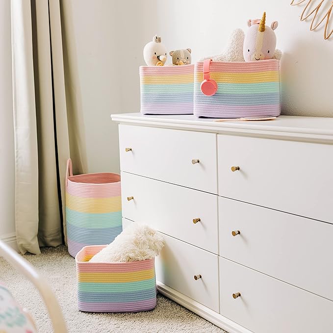 Pastel Rainbow Cotton Rope Basket for Shelf Storage - 15"×10"×9½" - Colorful Decorative Basket for Kids - Nursery, Playroom, Classroom - Toy Storage, Books, Towels