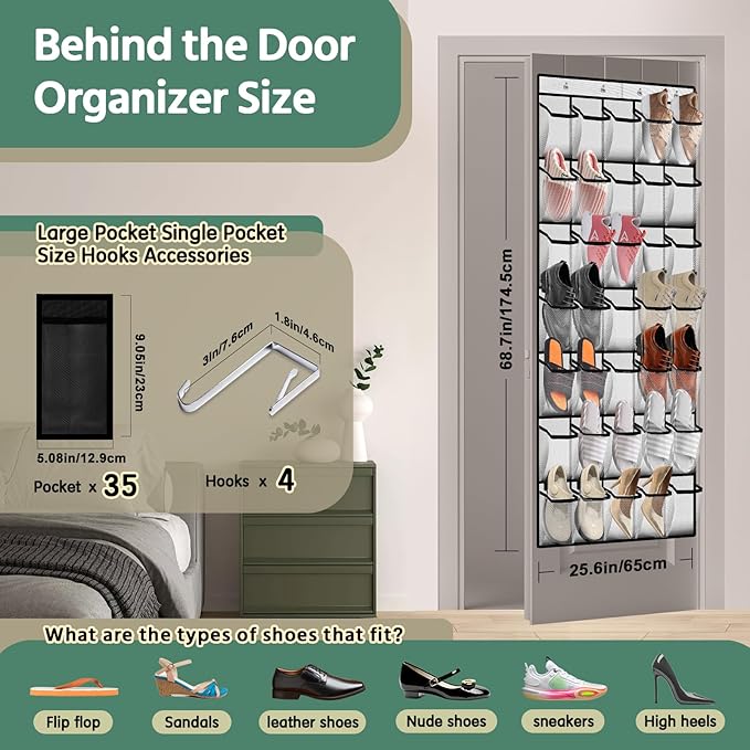 PAULONE 35 Pocket Over the Door Shoe Organizer,Reusable Breathable Large Mesh Bag Men's & Women's Sneaker Organizer,Shoe Organizer for Kids,Hanging Shoe Storage Hanging Bag (2PCS-White)