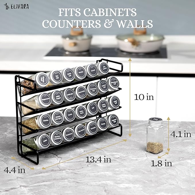 4-Tier Spice Rack Organizer Set – Wall Mounted or Countertop – Includes 28 Glass Spice Jars, 386 Spice Labels, Funnel, and Chalk Marker – Kitchen Spice Storage Solution