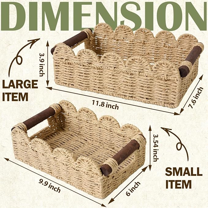 Cute Scalloped Basket, Handwoven Toilet Paper Storage with Built-in Handles, Wicker Basket for Organizing, Decoration and Home(Set of 2)