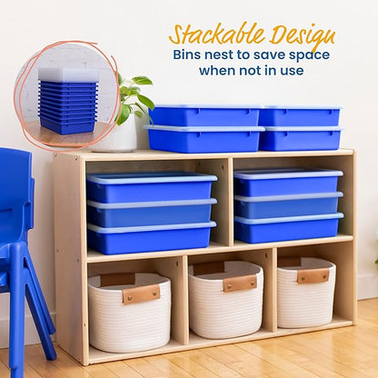 ECR4Kids Letter Size Plastic Tray Organizer with Lids, Small, Storage Bins, Blue, 10-Piece