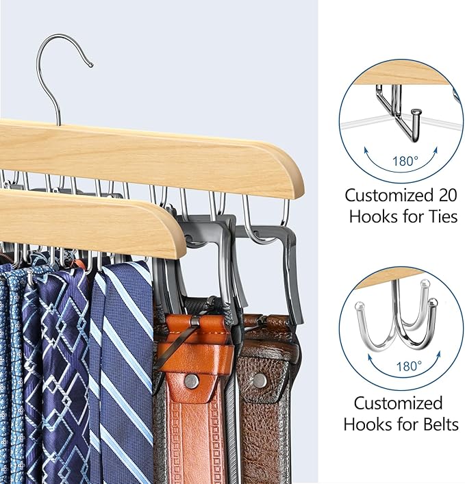 Tie Rack & Belt Hanger 2 in 1 Tie Hanger Space Saving Max 42 Belts& 60 Ties Capacity for Closet Organizers and Storage, Sturdy Wood Belt & Tie Collection Organizer(Wood, 2Pack)