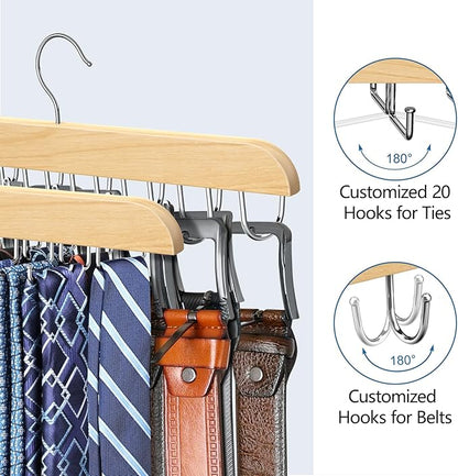 Tie Rack & Belt Hanger 2 in 1 Tie Hanger Space Saving Max 42 Belts& 60 Ties Capacity for Closet Organizers and Storage, Sturdy Wood Belt & Tie Collection Organizer(Wood, 2Pack)