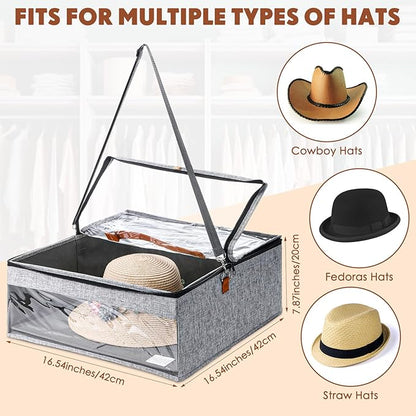 Kigley 3 Pcs Hat Storage Boxes, Hat Travel Case, Hats Organizer with Lids Cowboy Hat Holder for Baseball Caps Collapsible Foldable Stackable Hat Box for Men Women Home Closet, Grey