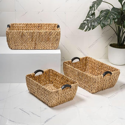 happimess BSK2020A-3SET Astor Bohemian Farmhouse Handwoven Water Hyacinth Nesting Storage Baskets with Wood Handles, Seagrass Containers for Decoration in Living Room, Bedroom, Natural (Set of 3)