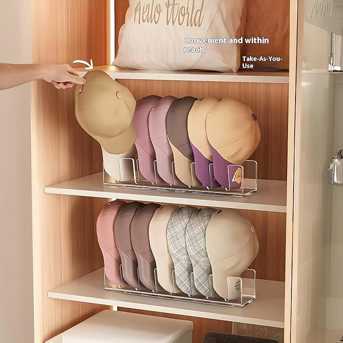 Acrylic Baseball Cap Organizer Rack 2-Pack - Holds 14 Hats, No Install Space Saving Display Stand for Closet, Bedroom, Entryway (Clear)